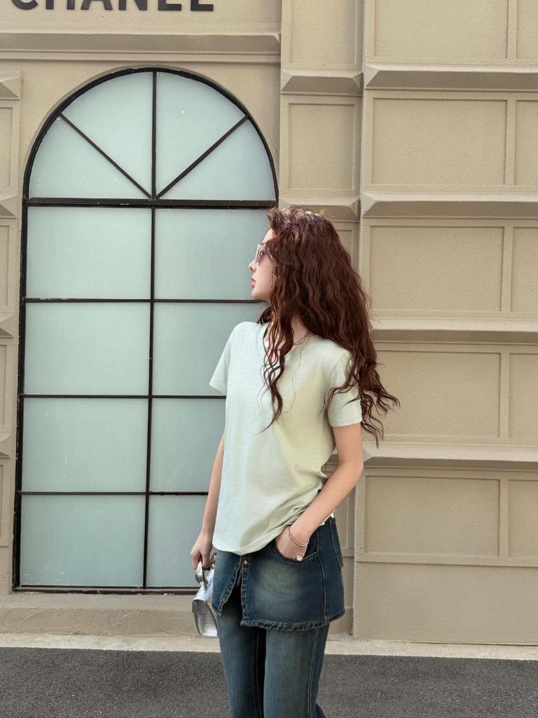 Kadın Slim Fit V Yaka Bambu Pamuk Kısa Kollu Yazlık Üst