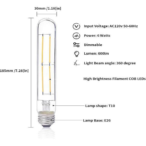 Klarlight Dimmable 6 Watt LED T10 Tubular Light Bulb 60 Watt Incandescent Equivalent E26 Edison Vintage Filament Tube Lamp, Daylight 6000K Medium