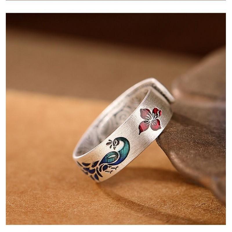 Adjustable Open Ring With Peacock Lotus Cloud Motif Vintage Style Copper Jewelry Men Women