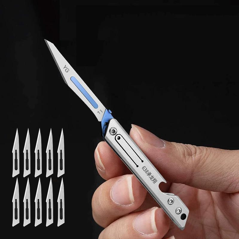 Stainless Steel Fast Open Scalpel MINI Folding Knife Outdoor Survival Camping Portable EDC Tool 10 Blade Free Bottle Opener