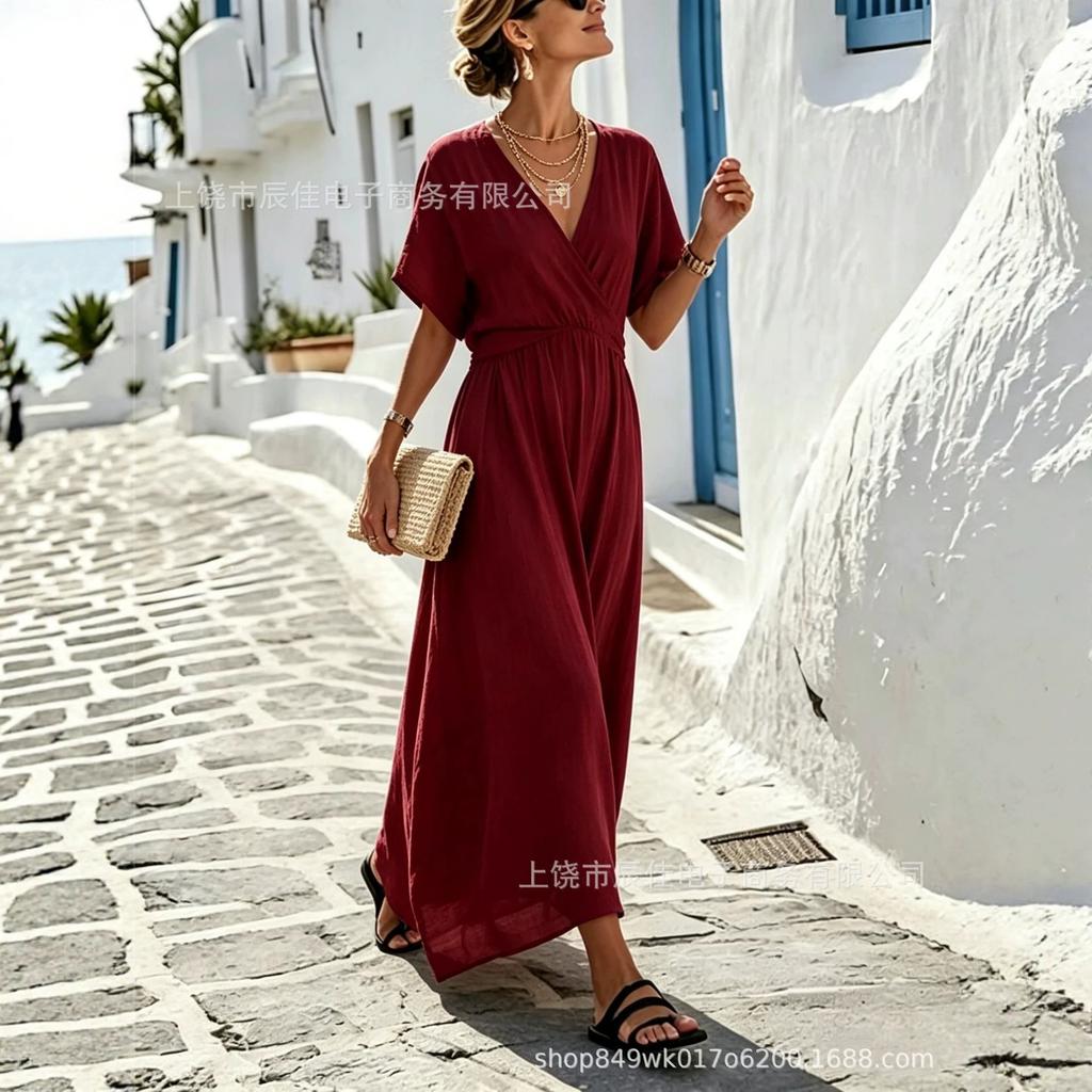 Holiday style seaside v-neck loose long dress summer new simple dress