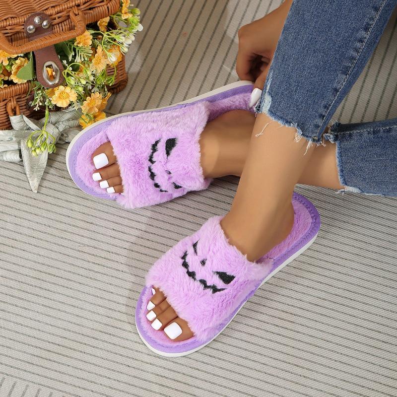 Women's Slippers Women's Halloween Jack-O-Lantern Slippers Soft Plush Comfortable Open Toe Wear Plush Slippers