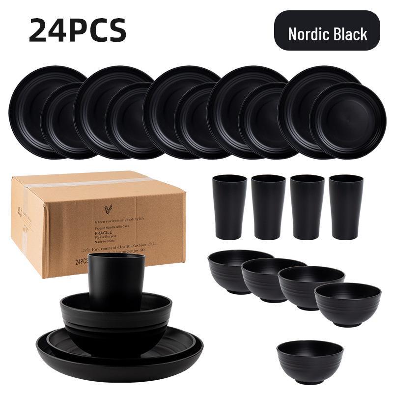 Cross-border Plastic Tableware Set: Plates, Bowls, Cups, Vomit Bowls, 24-Piece for Home Use.