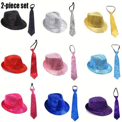 2pcs Sequined Tie Party Hat Cosplay Party Costume Accessories Glitter Dance Hat Retro Disco Costume Cap for Party Props Supplies