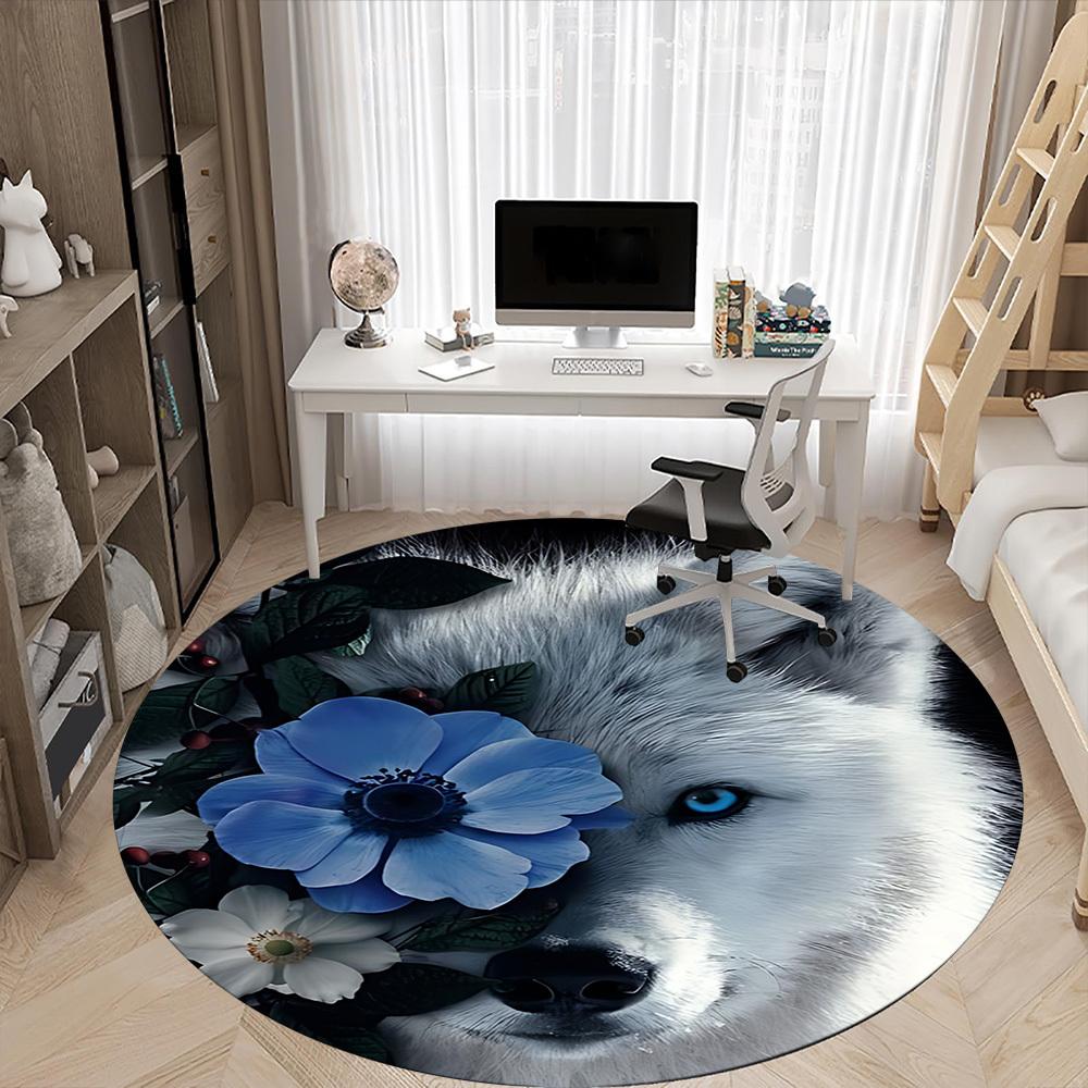 1pc Wolf Flowers Office Round Area Rug, Indoor Mat Suitable ForOffice, Under Office Chairs Bedroom Living Room Home Decor, Room Deco T183
