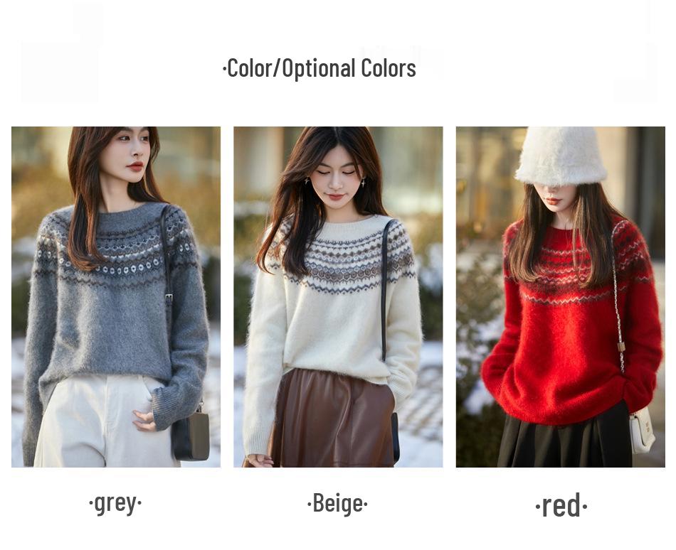 Women's Red Cashmere Fair Isle Heavy Knit Sweater - Autumn/Winter Round Neck, Super Thick and Stylish.