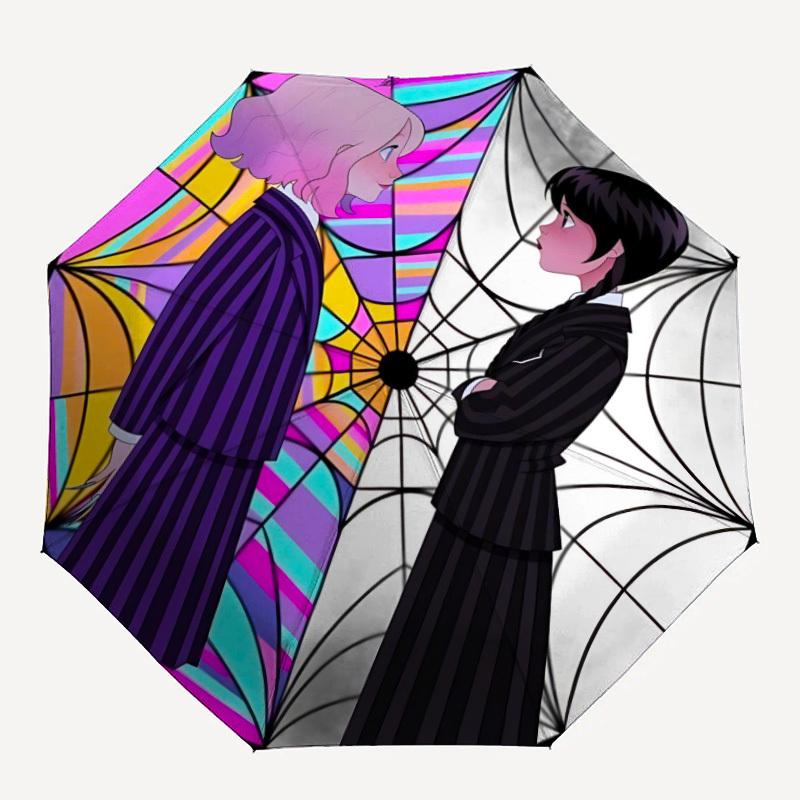 

1PC Wednesday Automatic Open/Close, 8-Rib Durable Frame Compact Travel Umbrella for Men & Women 050