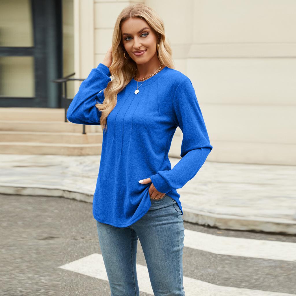 Women's Fall Casual Long Sleeve Top Crew Neck Pleated Loose Fit Fashion Daily Wear Tunic Blouse