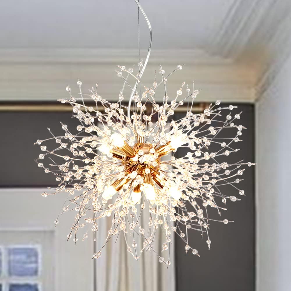 Lustre Moderno Dourado 9 Luzes Fogos de Artifício Sputnik Luz de Teto Cristal Dente-de-leão Luz Pendente para Quarto, Sala de Estar, Sala de Jantar, Cozinha, Corredor