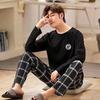 Pajamas Men Long-Sleeved Cotton Autumn and Winter Can Be Worn Outside the Casual Large Size Grey Striped Sleepwear Homewear