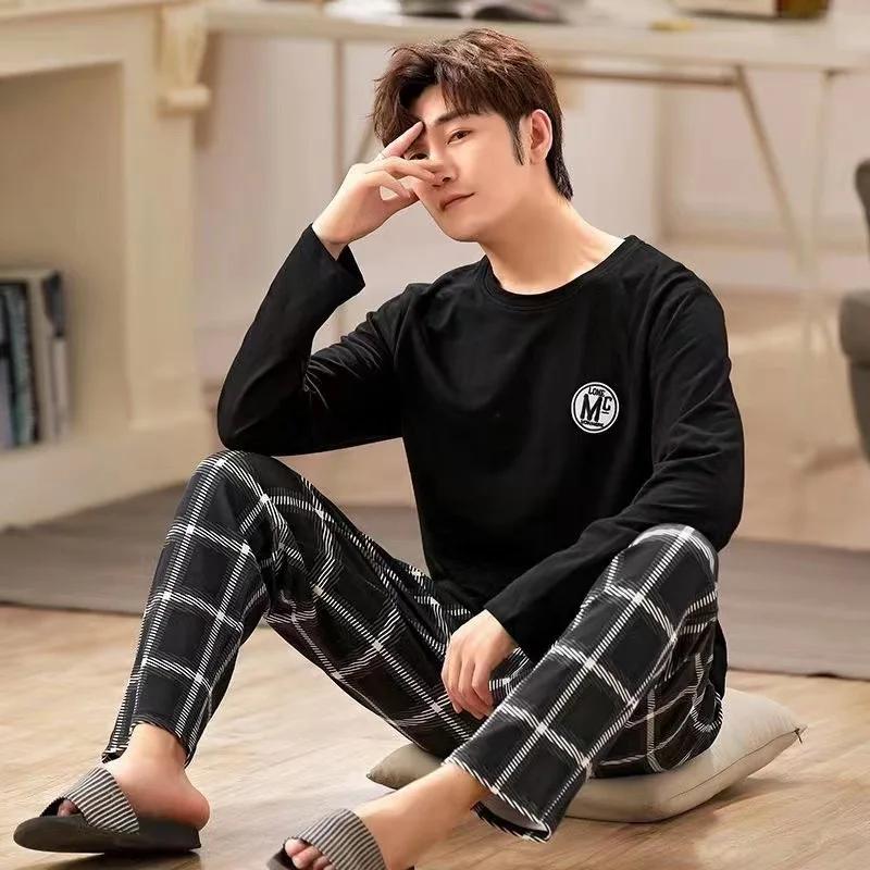 Pajamas Men Long-Sleeved Cotton Autumn and Winter Can Be Worn Outside the Casual Large Size Grey Striped Sleepwear Homewear