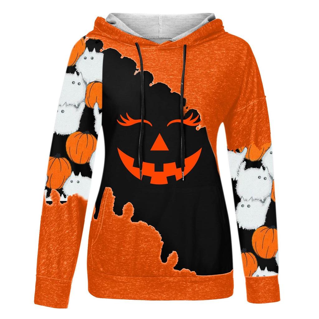 Dámská ležérní móda 2022 Halloween svetr s dlouhým rukávem a kapucí s potiskem