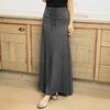 Women Maxi Skirt Adjustable Drawstring High Waist Side Slit Large Hem Long Skirt Solid Color A-Line Skirt