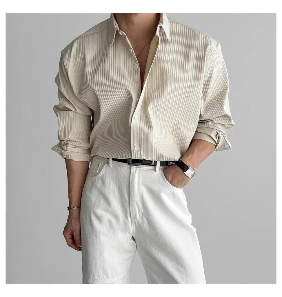 Men's Black Vertical Stripe Long Sleeve Shirt - High-End Casual Business Style, Iron-Free, Button-Down.