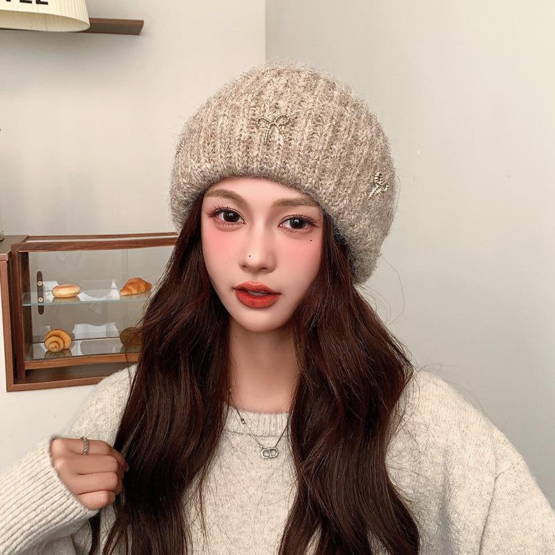 Korean Large Head Circumference Woolen Hat Winter Warm Hat Women's Bow Sweet Ear Protection Cold Pullover Knitted Hat