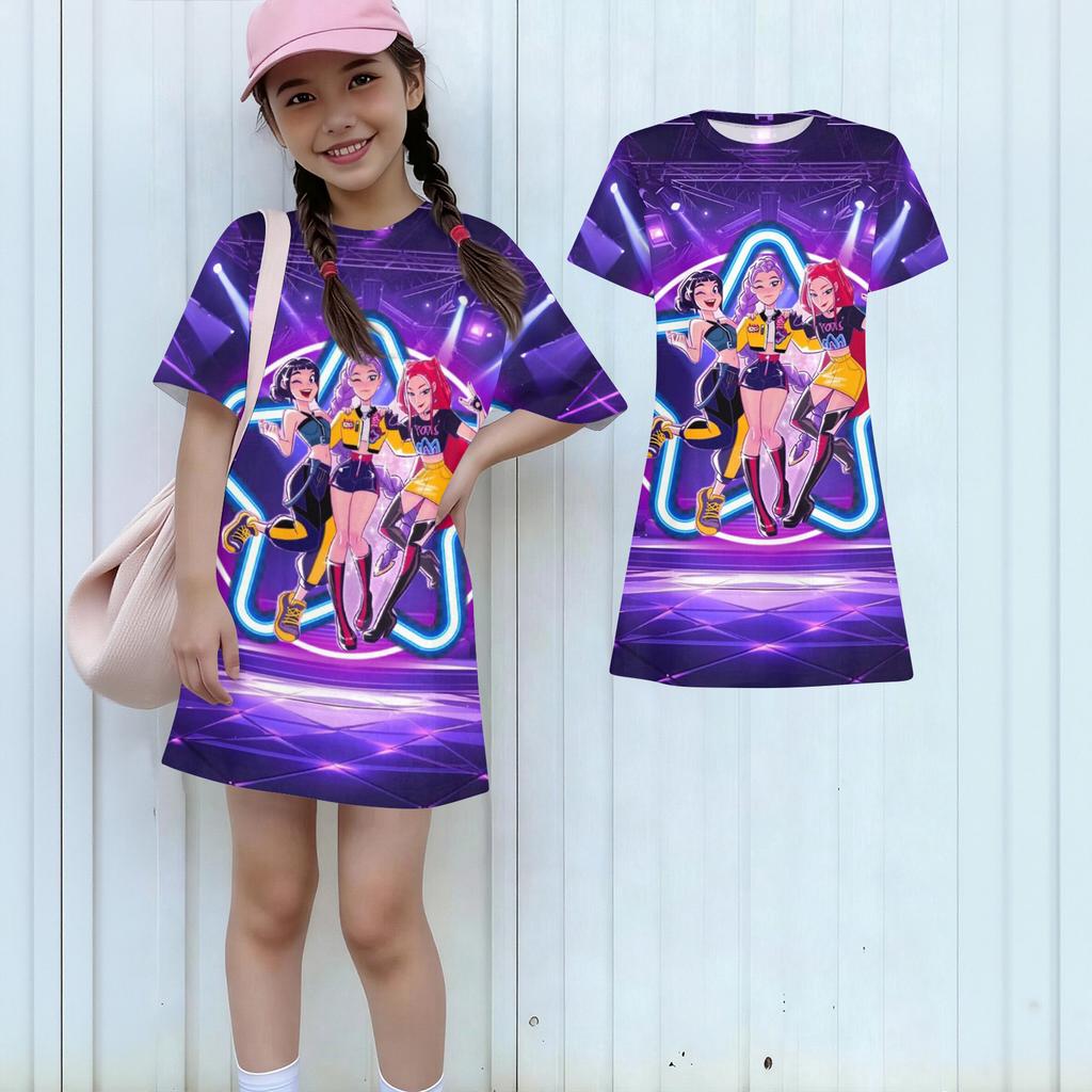 Girls Print Casual Dress Kids Loose Round Neck Short Sleeve Thin Sundress