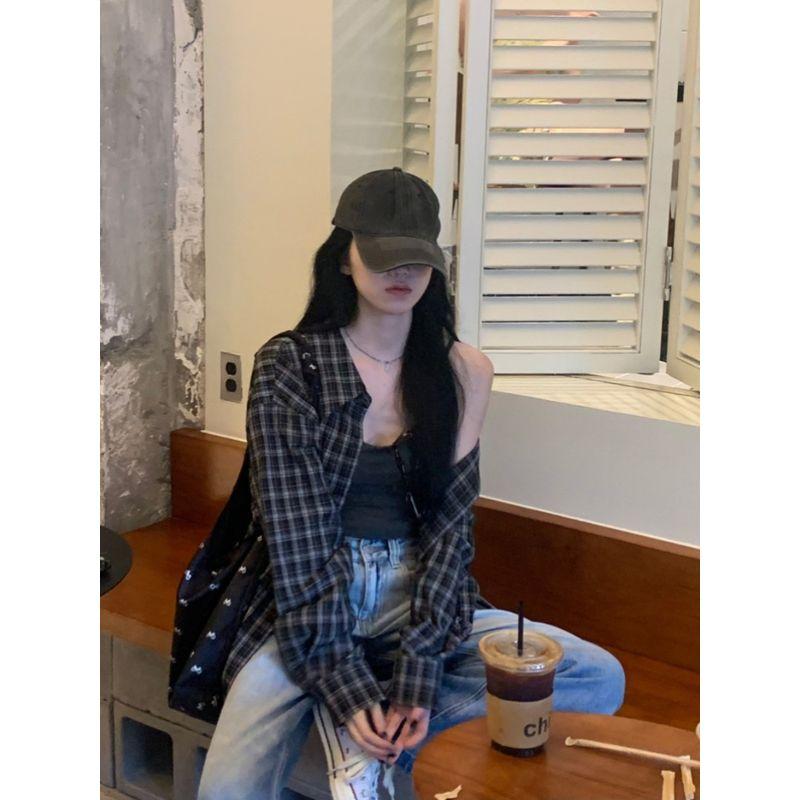 Kumikumi American Retro Gingham Polo Collar Shirt Coat Women's Clothing Early Autumn Mid Length Long Length BF Style Loose Tops