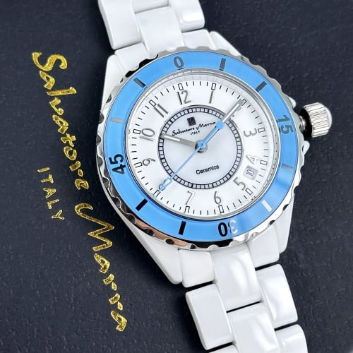 Salvatore Marra Men's and Women's Black and White Ceramic Bracelet Watch No. 3 with White and Blue Arabic Numerals