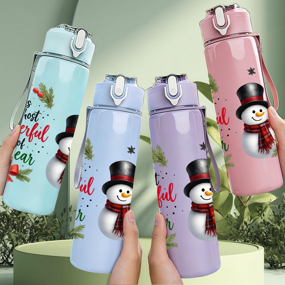 1PC Christmas Snowman Winter Pattern 750ml Color Plastic Sports Water Bottle Leakproof Flip Straw Lid Suitable for Sports Office Home Use