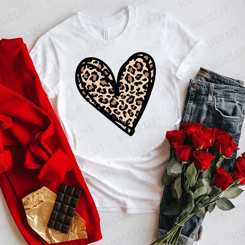 Fashion Unisex Tshirts Leopard Love Heart Print Tops Short Sleeve Clothing Ladies Harajuku Valentines Day Female Clothing