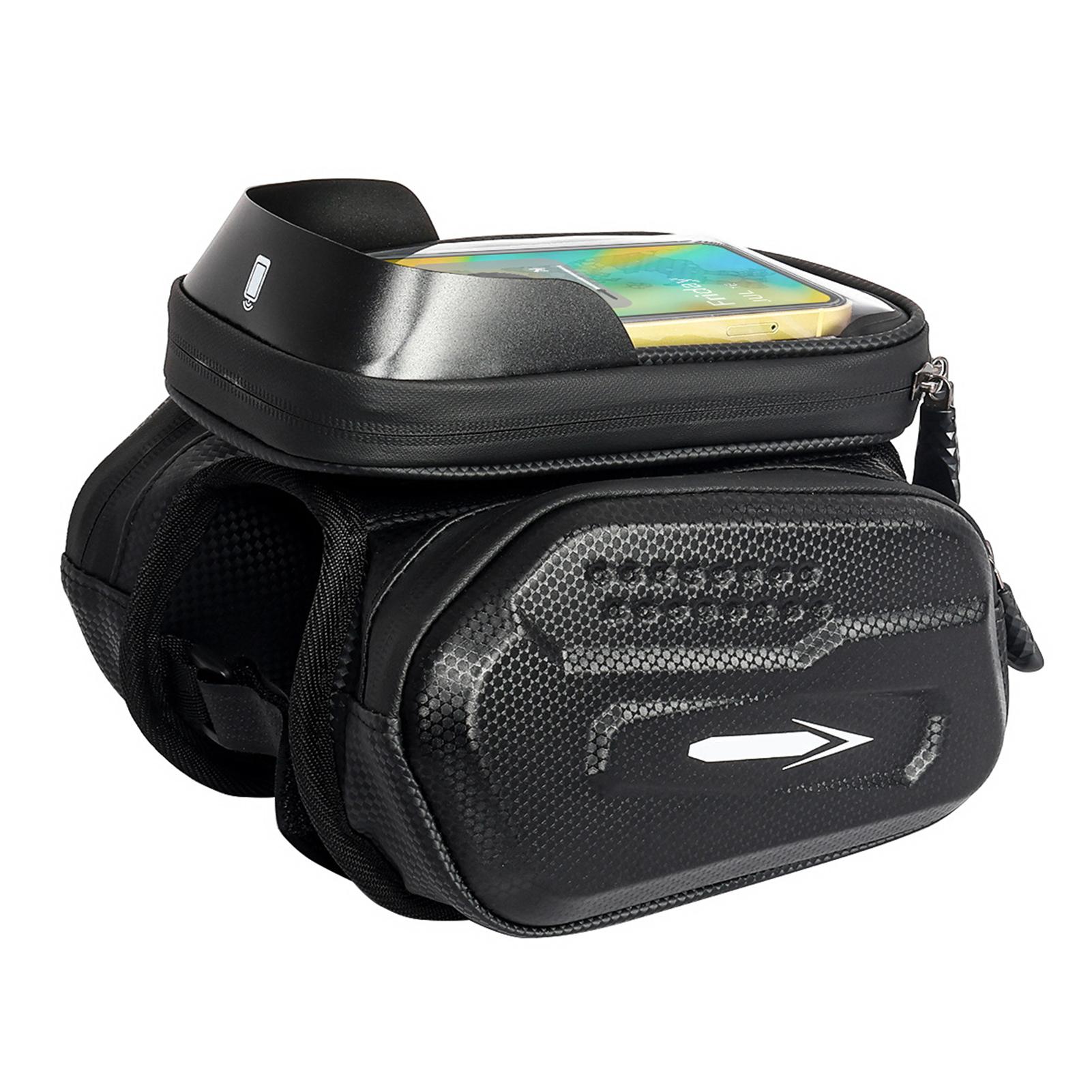 

Bike Top Tube Bag Hard Exterior with Bike Phone Holder Bag Touchscreen Compatible Headphone Jack Large Capacity чёрный