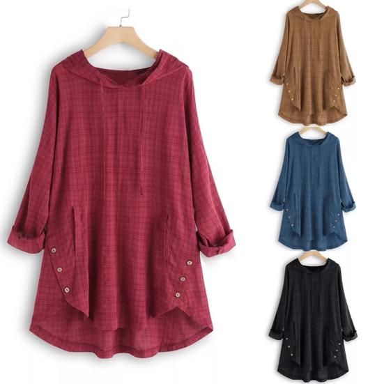 Women Top Loose Checked Long Sleeves Pullover Drawstring Dress Up Hooded A-line Plus Size Fall Shirt Female Clothes