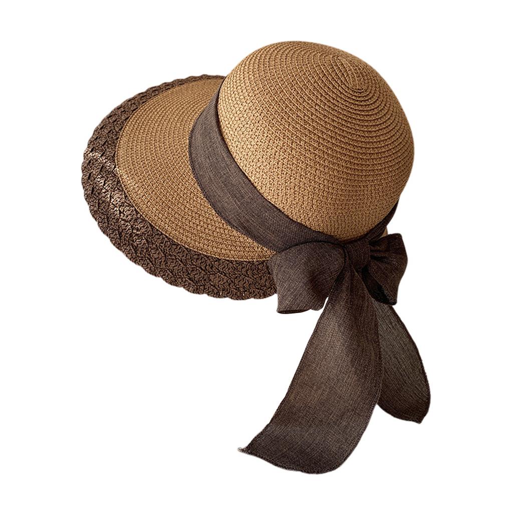 Women Wide Brim Straw Hat Lace Edge Design Beach Caps with Bowknot for Outdoor Sports Hiking Travel
