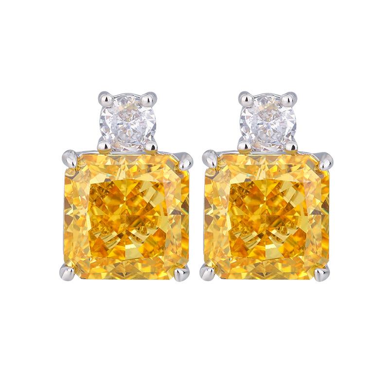 Autumn And Winter Jewelry High Carbon Diamond Ice Flower Cut Copper Inlaid Princess Square Yellow Diamond Set 12 * 12-10 * 10