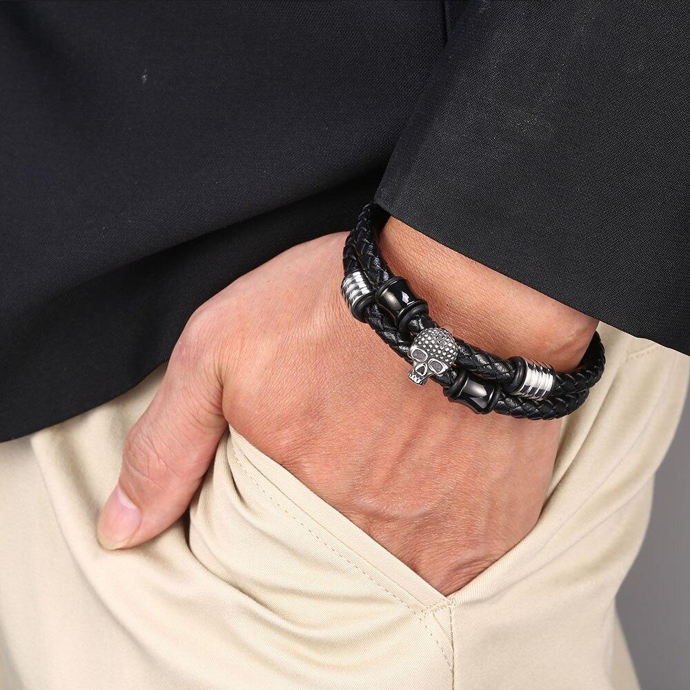 Fashion Men Bracelet Black Double Circle Leather Skeleton Stainless Steel Buckle Bracelet Man Skull Jewelry