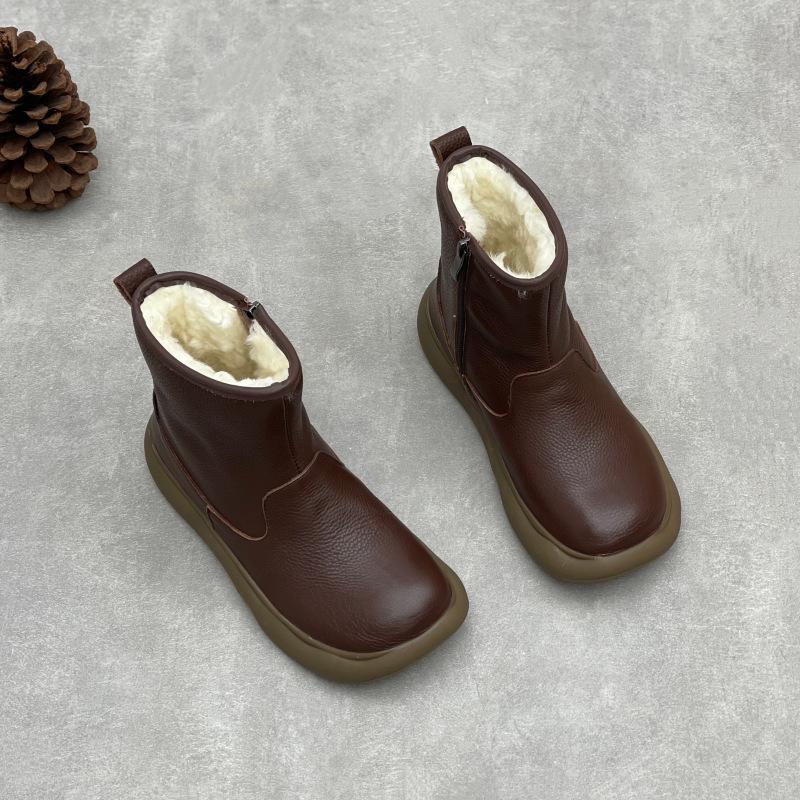 Johnature Genuine Leather Warm Cotton Boots Thick Soled Comfortable Side Zipper Women's Short Boots