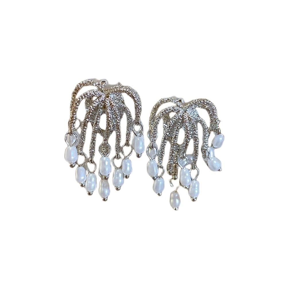 Irregular Metal Flower Earrings Vintage Exaggerated Earrings Pearl Tassel Earrings  Women