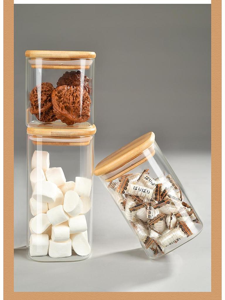 Borosilicate Glass Storage Jar with Bamboo Lid - Cylindrical Transparent Container for Tea or Food