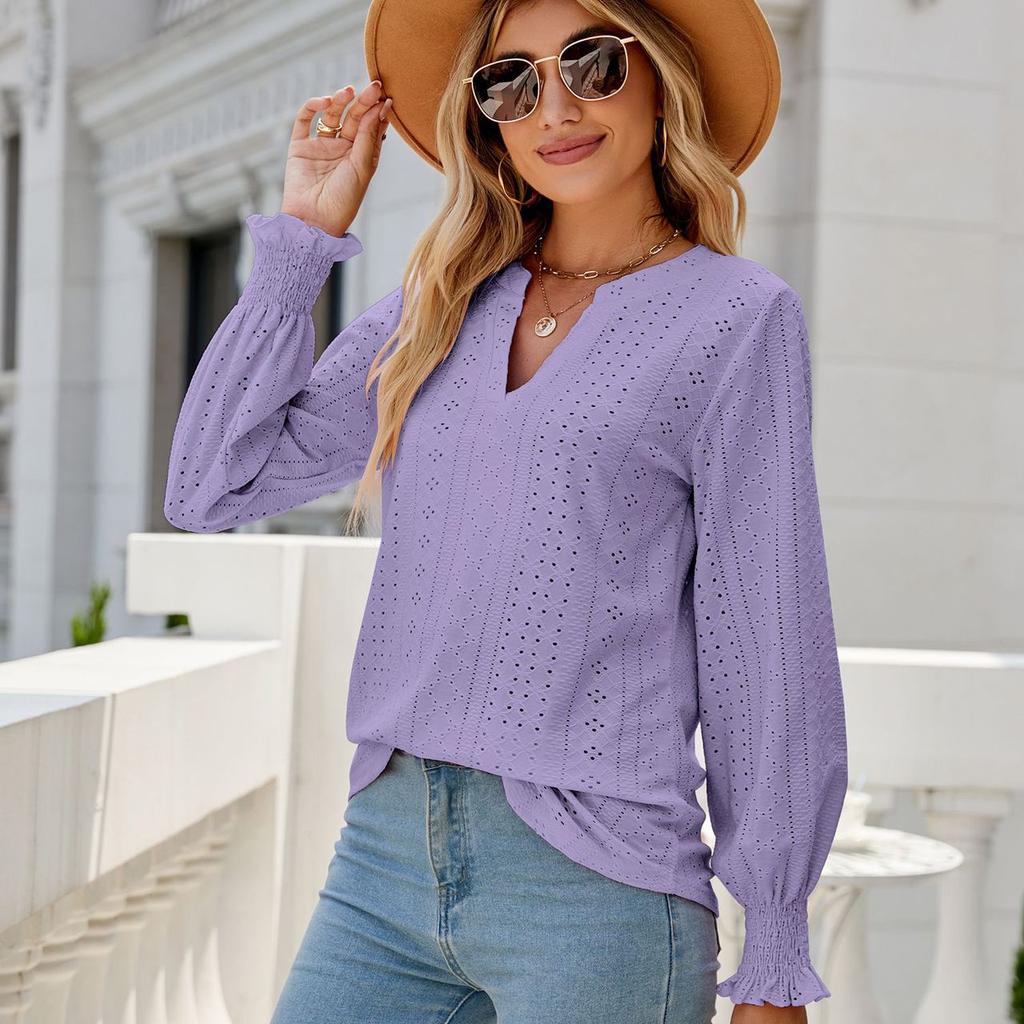YYFS Damenmode, lässig, Frühling und Herbst, einfarbig, langärmelig, V-Ausschnitt, Blusen und Hemden