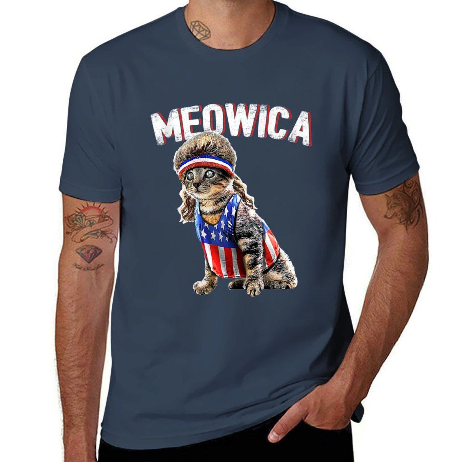 Meowica Cat Mullet American Flag Patriotic Tshirt Plus Size Workout Short Sleeve Top S