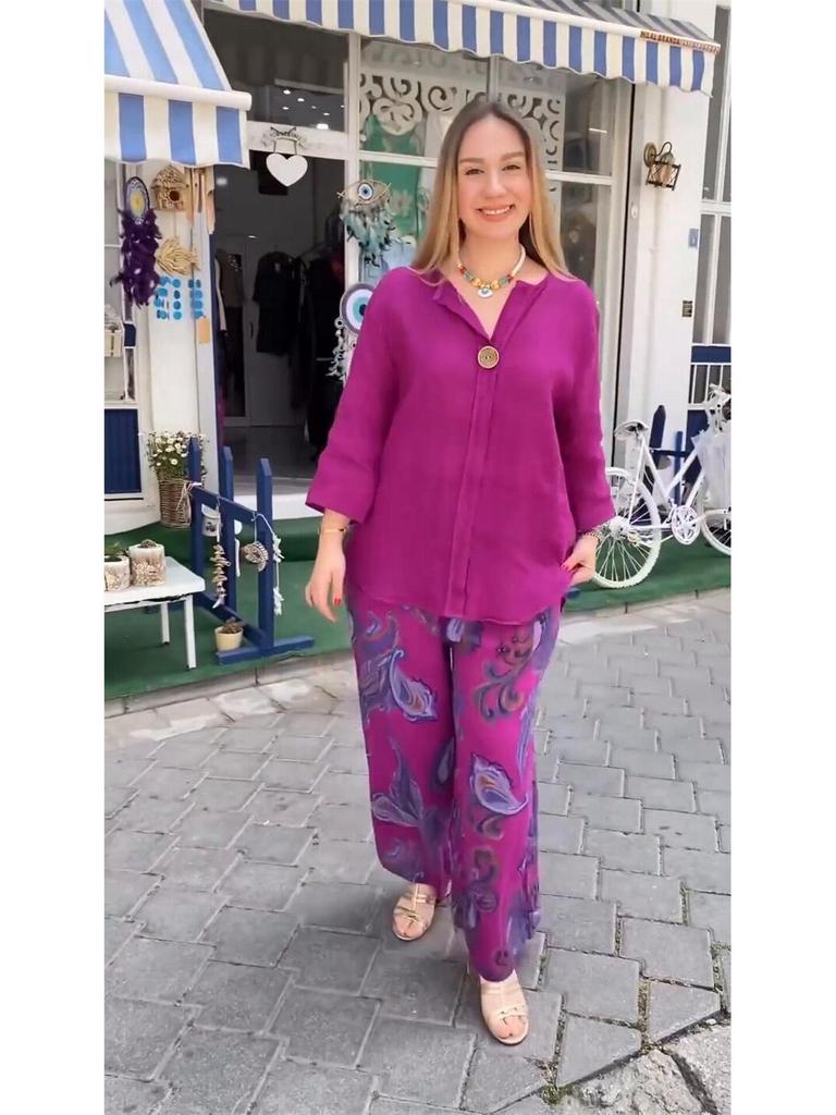 2024 Fashion Women's Cotton Linen Two-Piece Set: Loose Long Sleeve Top & Casual Print Pants