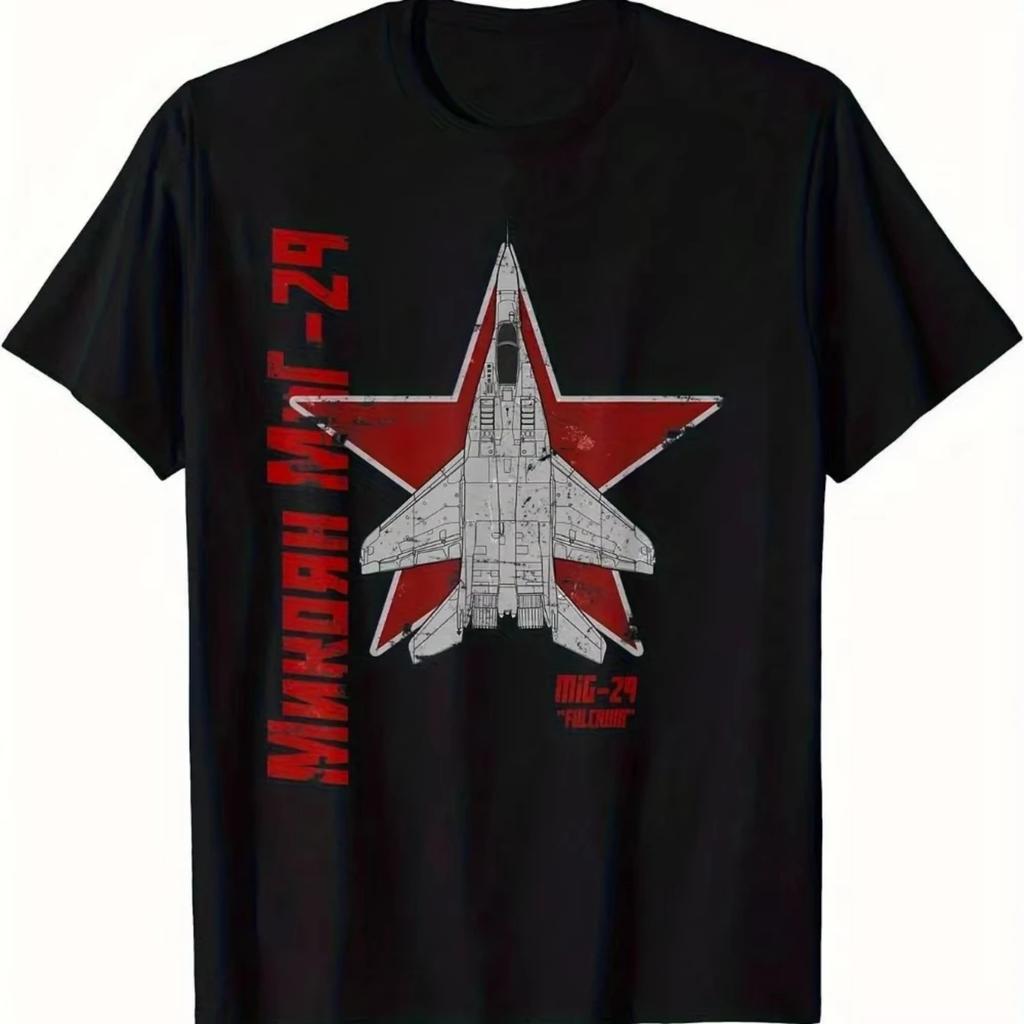 T-shirt Estiva in Cotone Girocollo Manica Corta da Uomo Nuova Vintage Cirillico Sovietico Guerra Fredda Mig 29 Fulcrum Jet da Combattimento T-shirt Abbigliamento