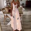 Hot-selling Sleeveless Slim-fit Feather Print Low-cut V-neck Spaghetti Strap Maxi Dress With Flared Hem