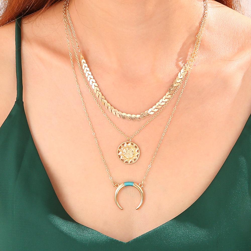 Accessories Fashion Trend Crescent Moon Pendant Necklace Creative Round Brand Titanium Steel Multi-Layer Necklace