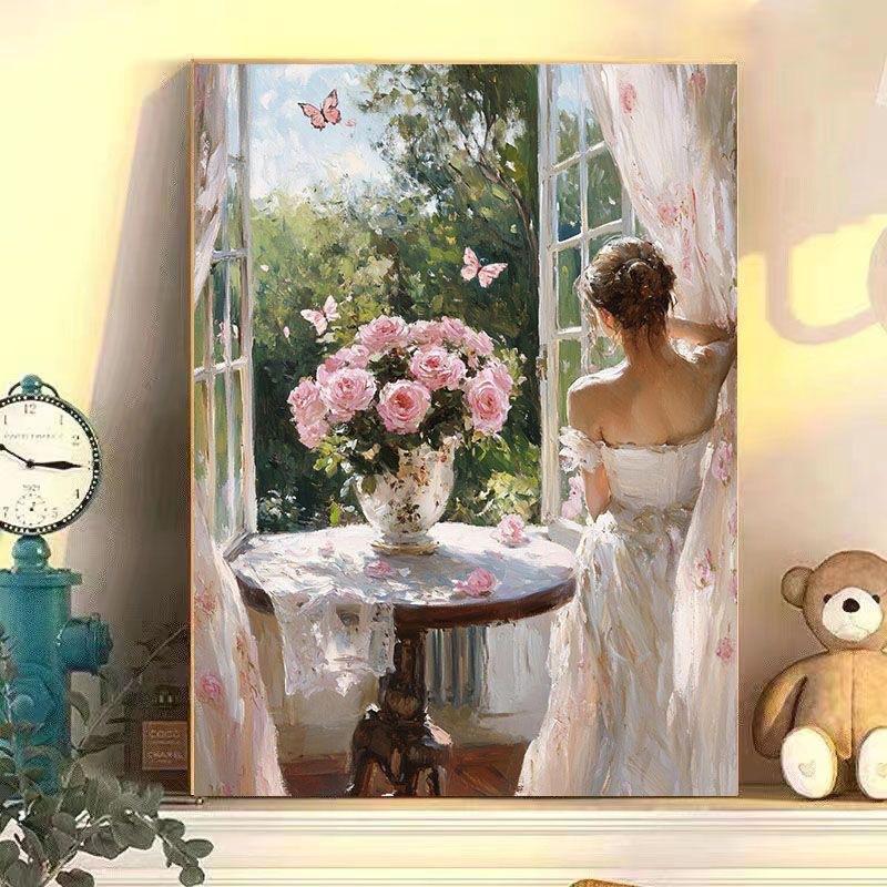 Diy Digital Oil Painting Windowsill Flower Series Hand-Filled Coloring Oil Painting Decompression Healing Decorative Hanging Painting