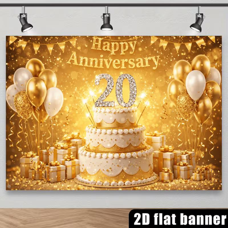 Sfondo 2D Oro per il 20° Anniversario con Torta, Regali e Striscione Scintillante