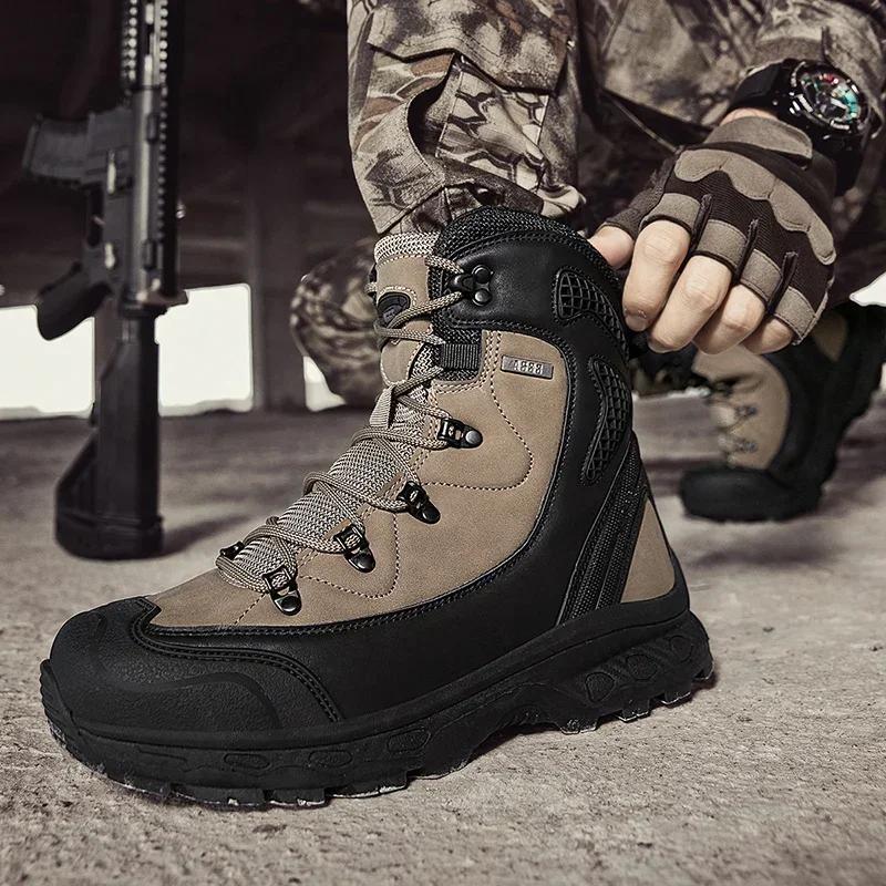 Men's Leather Desert Boots Breathable Non-Slip Waterproof Hunting Hiking Work Boots Men Non-Slip Lightweight Work Safty Shoes