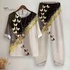 Round Neck 2 Pcs/Set Women T-shirt Pants Set Butterflies Print Half Sleeves Loose Elastic Waist Dress-up Wide Leg Kitty Printing Plus Size