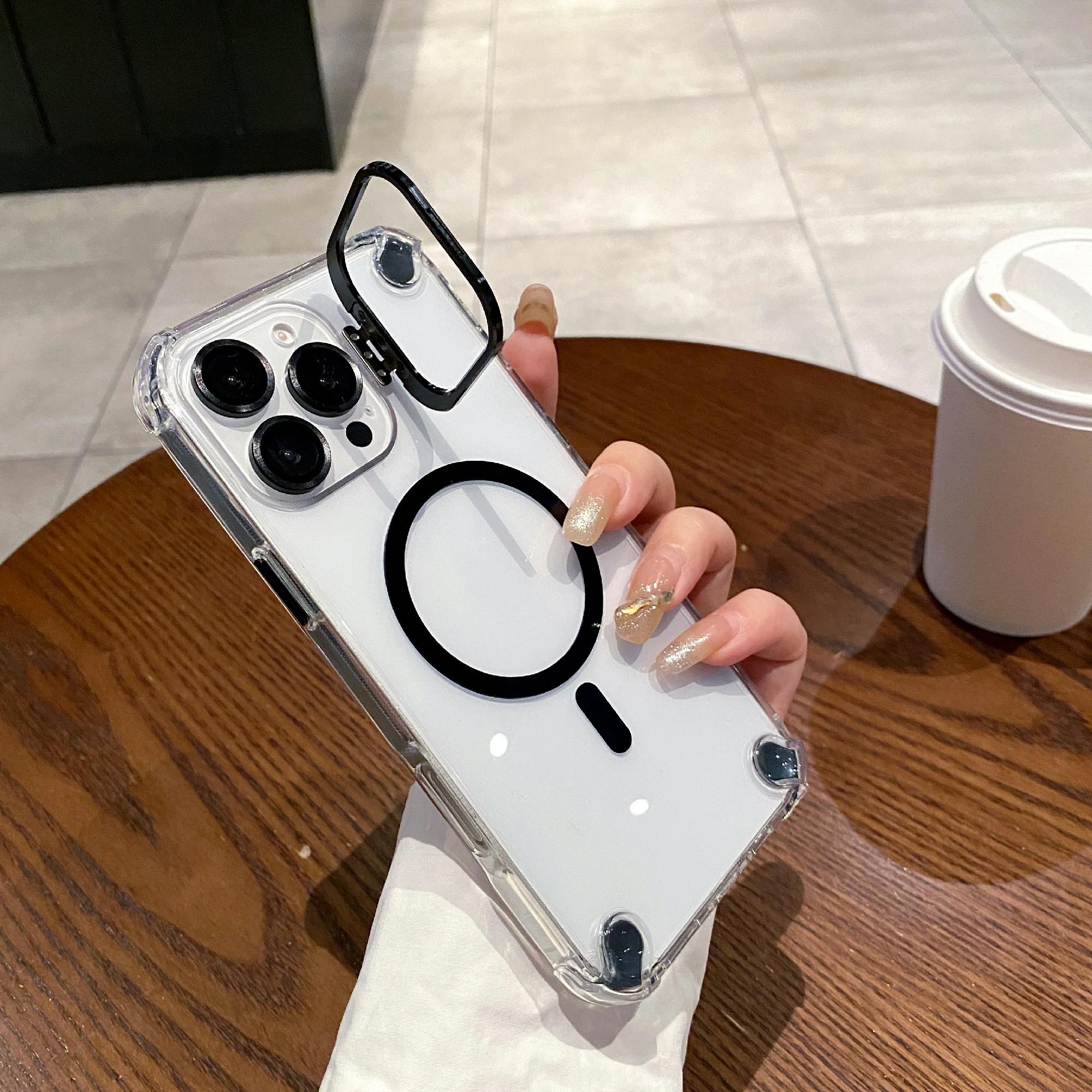 

For iPhone 16 Pro Magnetic Clear Case Shockproof Hybrid Phone Shell with Camera Lens Frame Kickstand Black