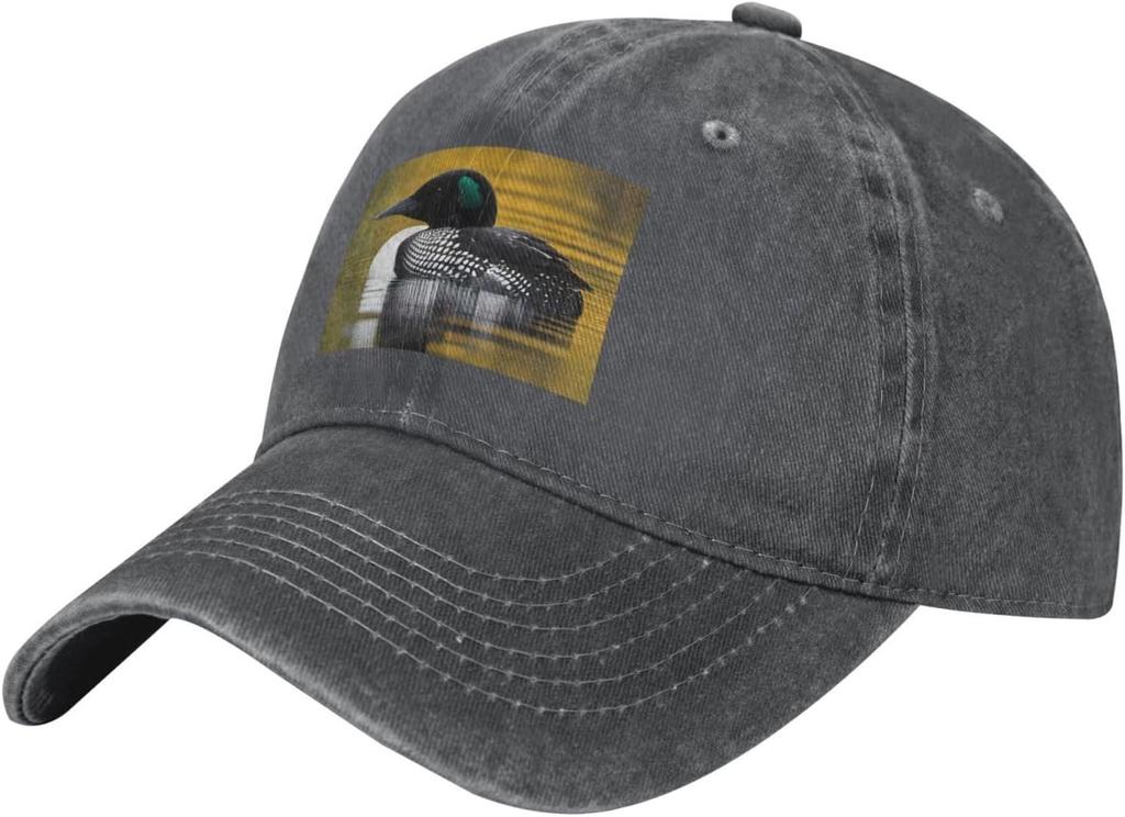 Loon Bird Print Washed Denim Baseball Cap Adjustable Cotton Sun Protection Casual Hat for Men Women