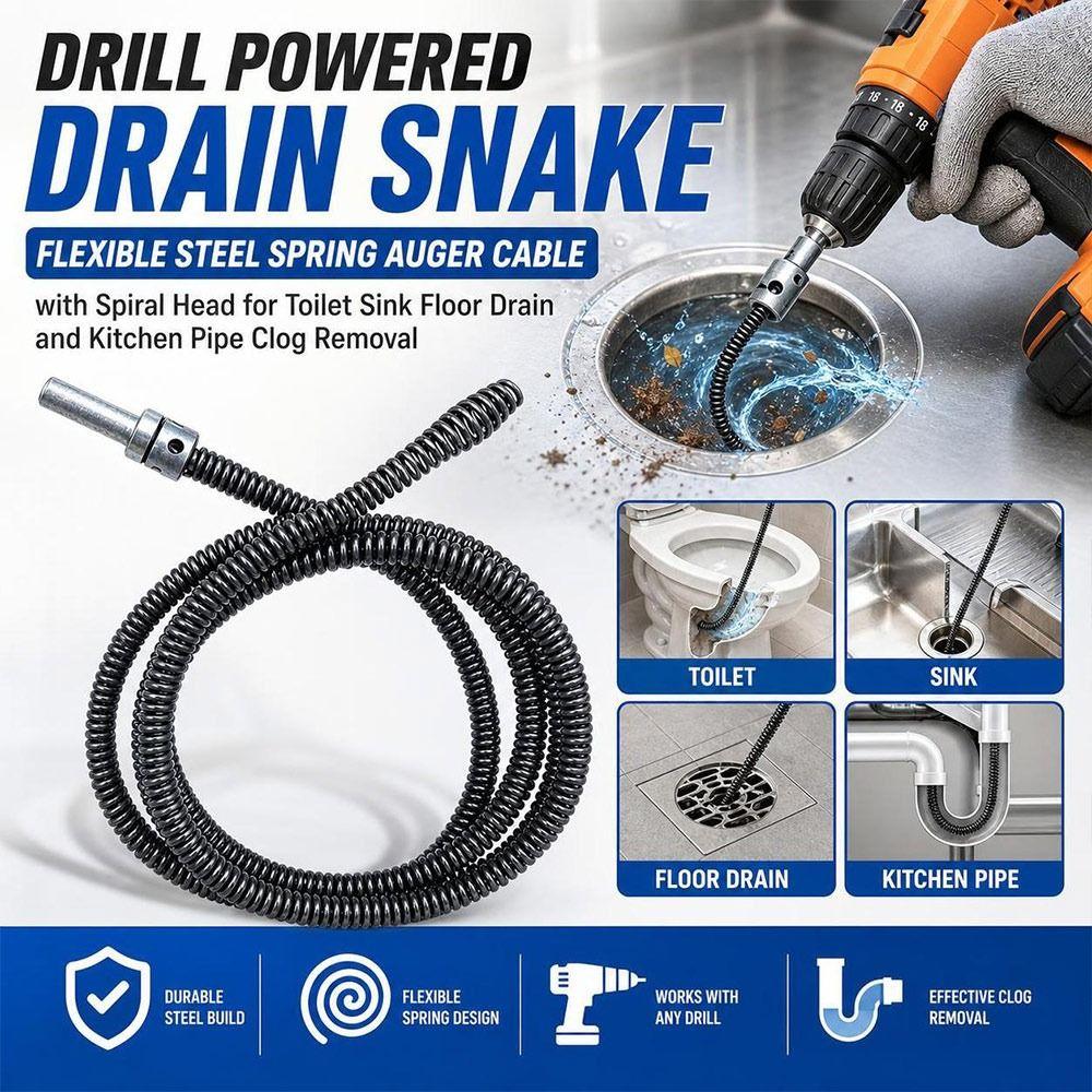 Flexible Spring Drain Snake Drill Powered Spring Drain Auger Plumbing Snake  Toilet Drain Cleaning
