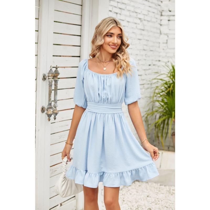 Summer Women's Solid Colour Square Neck Short Sleeve Loose Backless Tie Dresses