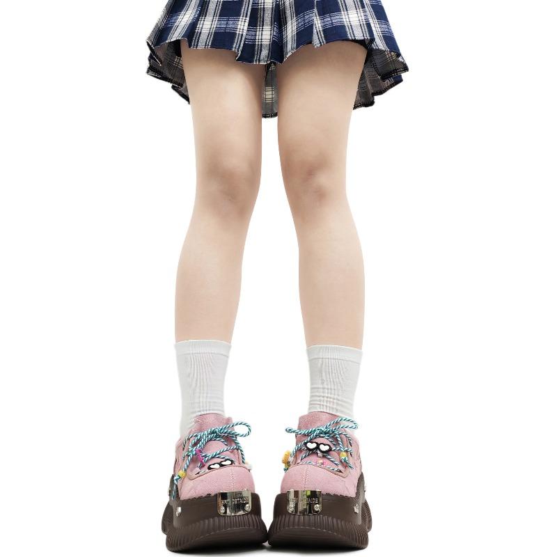 Fashion Shoes for Women's Platform Leather Shoes Retro Metal Toe Thick Sole Shoe Round Head Front Lace Up Single Shoes Zapatos De Mujer