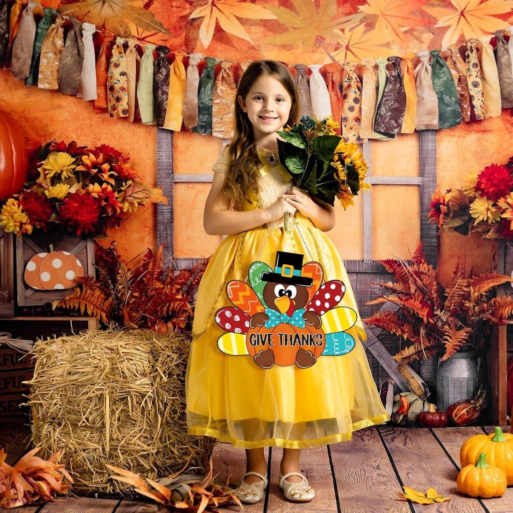 Thanksgiving Decoration Wooden Turkey Pumpkin Door Wreath for Front Door Sign Wall Signs, Thankful Blessed Grateful Pumpkin Sign Hanging for Fall