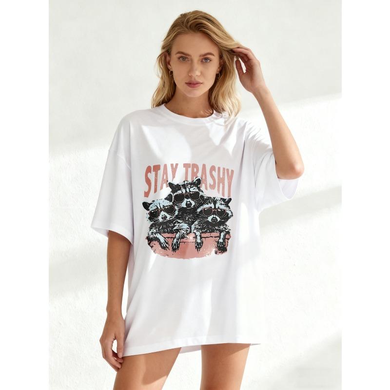 Oversized T Shirt Black Stay Trashy Raccoons With Sunglasses Print Casual Wear For Women Summer Outfit Streetwear Fashion Top