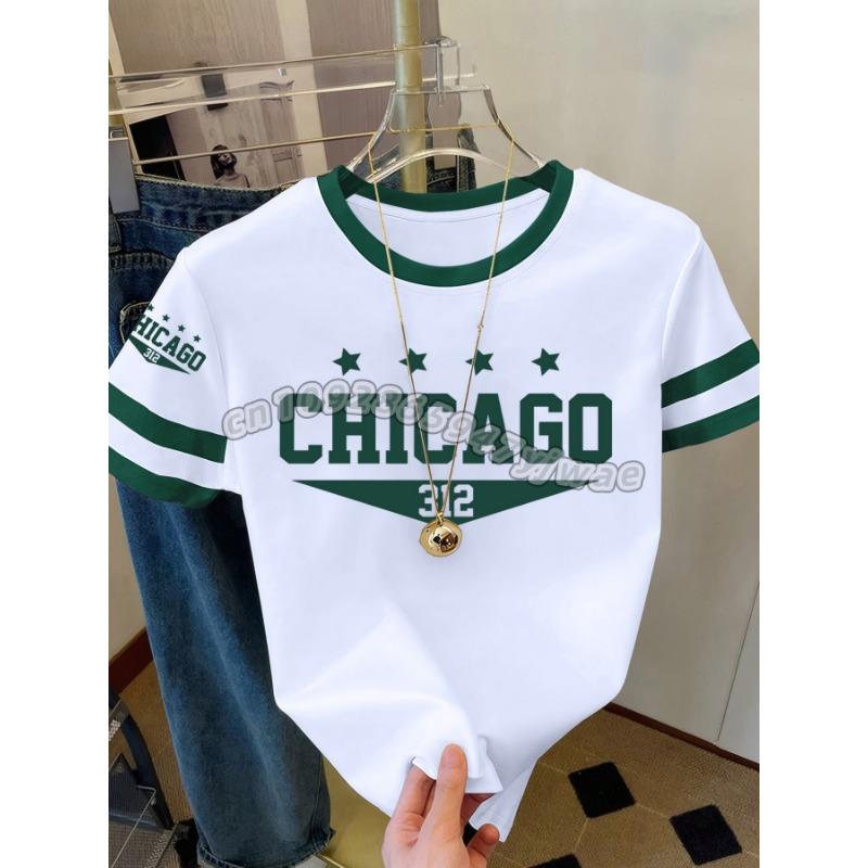 Womens Short Sleeve Color-Block CHICAGO NO.32 Print Y2k T Shirt Girl Round Neck Tee Outdoor Sports Adult Women's T-Shirt